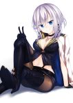 1girl azur_lane blue_eyes boots breasts choker cleavage commentary_request cross cross_necklace eyebrows_visible_through_hair gloves jacket_on_shoulders jewelry large_breasts legs_crossed looking_at_viewer midriff mole mole_on_breast navel necklace pantyhose shimo_(shimo332215) short_hair sidelocks silver_hair simple_background sitting sleeveless smile solo thigh-highs thigh_boots v washington_(azur_lane) white_background 