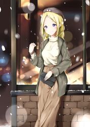  1girl absurdres bag black_hat blonde_hair blue_eyes blush brown_skirt handbag hat highres jacket original outdoors shirt skirt smile snowing watch watch white_shirt winter zagashira 