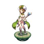 1girl artist_request boots breasts brown_eyes brown_hair cleavage cleavage_cutout dragalia_lost hat holding holding_staff looking_at_viewer non-web_source official_art open_mouth smile sophie_(dragalia_lost) staff 