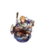  1boy armor artist_request axe blonde_hair closed_mouth dragalia_lost facial_scar green_eyes holding legs_crossed looking_at_viewer non-web_source official_art plant rex_(dragalia_lost) scar sitting smile transparent_background weapon 