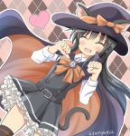  1girl ^_^ animal_ears asashio_(kantai_collection) belt black_hair bow cape cat_ears cat_tail closed_eyes closed_eyes dress dress_shirt hat heart highres kantai_collection kemonomimi_mode open_mouth paw_pose pinafore_dress searchlight shirt smile solo tail tamayan thigh-highs witch witch_hat 