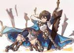  1girl absurdres armor belt black_hair cape celliera dragalia_lost gauntlets highres holding holding_weapon ice_dacapo short_hair solo sword thigh-highs weapon 