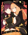  2girls absurdres alternate_costume bangs belt black_gloves blush breasts brown_hair candy cape closed_mouth elbow_gloves eyebrows_visible_through_hair food girls_frontline gloves green_eyes grin hair_between_eyes hair_ribbon hair_rings half_updo halloween hands_up hat highres holding holding_food hug ichiki_(pixiv_28380297) large_breasts lollipop long_hair looking_at_viewer m1903_springfield_(girls_frontline) midriff multiple_girls necktie one_eye_closed one_side_up orange_neckwear orange_skirt pantyhose ponytail purple_hair red_eyes ribbon shirt sidelocks skirt sleeveless sleeveless_shirt smile very_long_hair wa2000_(girls_frontline) witch_hat 
