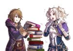  2girls ahoge armor book book_stack breastplate brown_hair cloak cynthia_(fire_emblem) fire_emblem fire_emblem:_kakusei gauntlets gloves grin gzei holding holding_book mark_(fire_emblem) multiple_girls nintendo simple_background smile stacking twintails white_background white_hair 