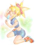  1girl bike_shorts blonde_hair breasts cleavage closed_eyes commentary_request dinef food open_mouth popsicle rockman rockman_dash roll_caskett solo sports_bra 