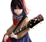  1girl blue_skirt bow brown_hair brown_sweater crying crying_with_eyes_open guitar instrument looking_at_viewer medium_hair music naco_0000 original playing_instrument red_bow school_uniform serafuku skirt solo standing sweater tears violet_eyes white_background 