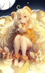  1girl baggy_clothes bangs barefoot blonde_hair blush breasts cardigan cup dress feet food food_themed_hair_ornament full_body full_moon girls_frontline green_eyes hair_between_eyes hair_ornament hair_scrunchie hairclip halloween head_tilt highres holding holding_cup jack-o&#039;-lantern legs_together long_hair looking_at_viewer low-tied_long_hair low_twintails medium_breasts messy_hair moon moon_print neckerchief night night_sky off_shoulder open_cardigan open_clothes orange_sailor_collar orange_scrunchie orange_sweater outdoors pumpkin pumpkin_hair_ornament pumpkin_soup red_neckwear s.a.t.8_(girls_frontline) sailor_collar sailor_dress scrunchie sidelocks sitting sky smile solo songchuan_li star star_(sky) star_print starry_sky steam sweater twintails very_long_hair watermark weapon white_dress 