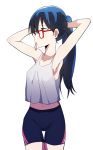  1girl absurdres adjusting_hair armpits arms_behind_head arms_up bike_shorts black_hair blue_hair breasts bural_chingu glasses hair_tie hair_tie_in_mouth highres ju_hyeon-mi long_hair looking_away looking_to_the_side luke_(dydansgur) medium_breasts mouth_hold original ponytail red-framed_eyewear solo standing tank_top thigh_gap tying_hair yellow_eyes 