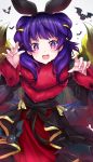  1girl blush dragon_girl dragon_wings dress fire_emblem fire_emblem:_seima_no_kouseki fire_emblem_heroes halloween highres long_hair looking_at_viewer mamkute multi-tied_hair myrrh nintendo open_mouth purple_hair red_eyes ringozaka_mariko simple_background solo twintails wings 