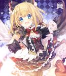  1girl :d argyle argyle_background bangs bell black_bow black_dress black_gloves black_wings blonde_hair blue_eyes blush bow breasts commentary_request dress eyebrows_visible_through_hair fangs feathered_wings gloves hair_between_eyes hair_bow jingle_bell long_hair maaru_(shironeko_project) mismatched_gloves mismatched_wings mocha_(naturefour) open_mouth puffy_short_sleeves puffy_sleeves red_bow red_legwear shironeko_project short_sleeves small_breasts smile solo striped striped_legwear vertical-striped_legwear vertical_stripes white_gloves white_wings wings 