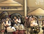  4girls :3 :d :o aoba_(kantai_collection) arm_warmers black_hair camera camouflage closed_eyes commentary_request evening hachimaki hamu_koutarou hat headband high_ponytail japanese_clothes kantai_collection light_brown_hair long_hair multiple_girls muneate ooshio_(kantai_collection) open_mouth pink_hair ponytail purple_hair red_eyes school_uniform scrunchie serafuku shimakaze_(kantai_collection) shimakaze_(seal) shirt short_hair short_sleeves short_twintails skirt smile solid_oval_eyes suspender_skirt suspenders sweat twintails violet_eyes white_shirt yahagi_(kantai_collection) zui_zui_dance zuihou_(kantai_collection) 