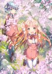  2girls :d amiami_(company) amico arm_up bag bangs black_legwear blue_eyes blue_hair blurry blurry_foreground blush bow bowtie branch cherry_blossoms clenched_hand closed_mouth day depth_of_field drill_hair eyebrows_visible_through_hair flower from_above grass green_eyes hair_ornament high-waist_skirt highres juliet_sleeves kneehighs lilco loafers long_hair long_sleeves looking_at_viewer looking_away multiple_girls necktie official_art open_mouth orange_hair outdoors petals puffy_sleeves red_skirt school_uniform shoes skirt smile standing thigh-highs twin_drills twintails two_side_up white_legwear yumekui 