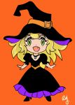  1girl artist_name blonde_hair blush chibi collar cute fang green_eyes halloween open_mouth orange_background original r・yamamoto solo witch witch_dress witch_hat 