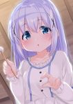  1girl bangs blue_eyes blue_hair blush cacao_(chocolat) chestnut_mouth collarbone commentary_request eyebrows_visible_through_hair frilled_shirt frills from_below gochuumon_wa_usagi_desu_ka? hair_between_eyes hair_ornament hands_up highres holding indoors kafuu_chino long_hair long_sleeves looking_at_viewer looking_down mimikaki parted_lips shirt sleeves_past_wrists solo white_shirt x_hair_ornament 