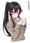  1girl alternate_costume black_hair blush brown_eyes brown_sweater casual contemporary cup ebifurya eyebrows_visible_through_hair hair_between_eyes highres kantai_collection light_smile long_hair looking_at_viewer ponytail sidelocks simple_background smile steam sweater turtleneck turtleneck_sweater twitter_username upper_body very_long_hair white_background yahagi_(kantai_collection) 