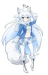  1girl animal_ears arctic_wolf_(kemono_friends) blue_jacket boots bow bowtie cross-laced_footwear extra_ears frown full_body fur-trimmed_hat fur_collar hair_between_eyes hand_up ise_(0425) jacket kemono_friends knee_boots long_hair long_sleeves looking_at_viewer midriff navel pantyhose plaid plaid_neckwear plaid_skirt shirt simple_background skirt solo tail very_long_hair white_background white_hair white_legwear white_shirt wolf_ears wolf_tail yellow_eyes 