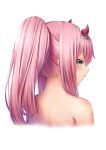  1girl absurdres artnetirs bangs bare_shoulders blush closed_mouth cropped_torso darling_in_the_franxx eyebrows_visible_through_hair from_behind hairband high_ponytail highres horns long_hair looking_at_viewer looking_back pink_hair ponytail portrait profile smile solo zero_two_(darling_in_the_franxx) 