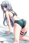  1girl :t all_fours artist_name ass back bed blanket competition_swimsuit dated eyebrows_visible_through_hair eyepatch green_swimsuit hair_between_eyes highres infinite_stratos laura_bodewig leg_garter long_hair looking_at_viewer looking_back one-piece_swimsuit red_eyes silver_hair simple_background solo swimsuit tsuchimiya white_background 