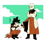  2boys :o bald black_hair boots chinese_clothes clouds cloudy_sky crossed_arms dougi dragon_ball dragon_ball_super dragonball_z expressionless goro_(szyk7834) grabbing hand_on_own_chin leaf long_sleeves looking_down male_focus multiple_boys serious short_hair simple_background sitting sitting_on_tree_stump sky son_gokuu spiky_hair tenshinhan third_eye translation_request tree tree_stump white_background wristband 