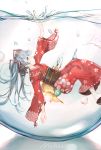  1girl absurdres aqua_hair blue_eyes bubble character_name floral_print hair_ornament hatsune_miku heixie highres japanese_clothes kimono long_hair oni pouch profile reaching_out red_kimono sandals solo twintails underwater very_long_hair vocaloid white_legwear wide_sleeves yukata 