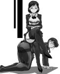  2girls all_fours bangs bare_shoulders black_legwear bra breasts cleavage collarbone eyebrows_visible_through_hair full_body garter_straps glasses greyscale high_heels jacket legs_crossed lingerie looking_at_viewer medium_breasts monochrome multiple_girls open_clothes open_shirt original pantyhose shirt short_hair simple_background sitting sitting_on_person skirt smile sweat thigh-highs thighs underwear white_shirt yuya 