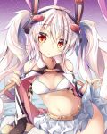  1girl alternate_breast_size animal_ears azur_lane commentary_request fake_animal_ears highres laffey_(azur_lane) long_hair looking_at_viewer maritaki navel parted_lips rabbit_ears remodel_(azur_lane) silver_hair skirt skirt_hold solo stomach twintails white_bikini_top white_skirt 