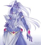  1girl armlet blue_skin breasts brown_eyes elf fantasy gem hair_intakes hand_on_hip highres jewelry large_breasts lera_pi lips long_hair long_skirt necklace night_elf nose pointy_ears queen_azshara side_slit silver_hair skirt smile solo tiara warcraft white_background white_skirt world_of_warcraft 