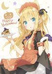  1girl animal_ears apron blonde_hair blue_eyes blush bow cat_ears cat_tail commentary_request english eyebrows_visible_through_hair happy_halloween holding holding_plate holding_skirt long_hair looking_at_viewer maid maid_apron open_mouth orange_apron original peko plate pumpkin shimotsuki_potofu solo tail two_side_up 