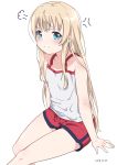  1girl 2018 anger_vein annoyed blonde_hair blue_eyes dated highres hitogata_ningen long_hair red_shorts short_shorts shorts simple_background sitting solo takanashi_misha tank_top uchi_no_maid_ga_uzasugiru! white_background white_tank_top 