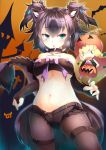  2girls :d absurdres animal_ears bandeau bare_shoulders black_hair blonde_hair blue_eyes bow breasts cerberus_(kemono_friends) chestnut_mouth chibi collar commentary dog_ears elbow_gloves eyebrows_visible_through_hair fangs fingerless_gloves gloves green_eyes groin halloween highres jack-o&#039;-lantern_(kemono_friends) japari_symbol kanzakietc kemono_friends medium_breasts micro_shorts midriff multiple_girls navel open_mouth pantyhose pantyhose_under_shorts scar scar_across_eye short_hair shorts smile spiked_collar spikes tail twintails under_boob 