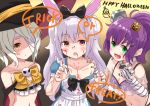  3girls :d alice_(wonderland) alice_(wonderland)_(cosplay) alice_in_wonderland animal_ears apron ayanami_(azur_lane) azur_lane bandage_over_one_eye bangs bare_shoulders belt_buckle beltbra black_belt black_bow black_cat blood blood_on_face bloody_clothes blue_dress blush bolt bow breasts brown_eyes buckle cape cat claw_pose collarbone commentary_request cosplay dress eyebrows_visible_through_hair fingerless_gloves fingernails gloves green_nails hair_between_eyes hair_bow hairband halloween hands_up happy_halloween hat jack-o&#039;-lantern javelin_(azur_lane) laffey_(azur_lane) long_hair looking_at_viewer mini_hat multicolored multicolored_cape multicolored_clothes multiple_girls nail_polish navel off_shoulder open_mouth ponytail puffy_short_sleeves puffy_sleeves purple_hair rabbit_ears red_cape red_hairband red_nails short_sleeves silver_hair small_breasts smile strap_slip striped striped_gloves trick_or_treat tsukiman twintails very_long_hair white_apron white_gloves yellow_bow 