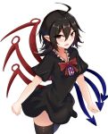  1girl :d absurdres asymmetrical_wings black_dress black_hair black_legwear blush bow bowtie cowboy_shot dress hair_between_eyes highres houjuu_nue leaning_forward long_hair looking_at_viewer open_mouth red_eyes red_neckwear smile solo thigh-highs touhou wings wuwusan 