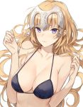  1girl aiko_(kanl) black_bikini_top blonde_hair blue_eyes breasts cleavage collarbone fate/grand_order fate_(series) headpiece jeanne_d&#039;arc_(fate)_(all) jeanne_d&#039;arc_(swimsuit_archer) large_breasts long_hair looking_at_viewer shiny shiny_hair simple_background solo upper_body very_long_hair white_background 