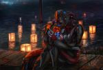  1boy 1girl afloat_lantern alternate_costume bodysuit breasts excalibur_(warframe) glowing glowing_eyes hand_holding inkary lantern leaning_on_person mirage_(warframe) night tagme warframe water watermark 