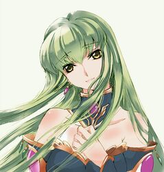  1girl breasts c.c. choker cleavage code_geass detached_sleeves eyebrows_visible_through_hair floating_hair green_hair hair_between_eyes head_tilt long_hair looking_at_viewer medium_breasts meimi_k simple_background smile solo strapless upper_body very_long_hair white_background yellow_eyes 