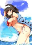  1girl arm_behind_back bikini black_hair blue_eyes blue_shirt blue_sky blush breasts clouds cloudy_sky commentary_request drop_shadow front-tie_bikini front-tie_top hanchou_(shirokun555) idolmaster idolmaster_cinderella_girls leaning_forward long_hair long_sleeves looking_at_viewer medium_breasts navel no_pants ocean open_clothes open_mouth open_shirt outdoors parted_lips red_bikini sagisawa_fumika shading_eyes shirt side-tie_bikini sky smile solo standing sun sunlight swimsuit thighs wading 