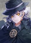  1boy apple_caramel black_hat cloak closed_mouth clouds cloudy_sky edmond_dantes_(fate/grand_order) eyes_visible_through_hair fate/grand_order fate_(series) grey_hair hair_between_eyes hat highres long_hair looking_at_viewer male_focus outdoors rain sky smile solo upper_body water_drop wavy_hair yellow_eyes 
