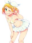  1girl ;d aqua_eyes bikini_skirt blonde_hair bow breasts cleavage collarbone grin groin hair_bow hair_ornament hairclip hand_on_lap kagamine_rin leaning_forward looking_at_viewer navel one_eye_closed open_mouth print_bikini_top reki_(arequa) short_hair sideboob simple_background skirt small_breasts smile solo standing v vocaloid white_background white_bow white_skirt 
