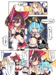  3girls alternate_costume animal_ears ascot bandeau bangs bare_shoulders black_hat black_legwear blonde_hair blue_hair bow breasts brown_eyes brown_hair cat_ears cat_tail comic commentary_request detached_collar detached_sleeves fake_animal_ears gloves hair_bow hair_tubes hakurei_reimu hat hat_bow kirisame_marisa looking_at_viewer medium_hair miniskirt multiple_girls navel noya_makoto open_fly red_bow red_eyes red_skirt remilia_scarlet ribbon-trimmed_sleeves ribbon_trim short_shorts shorts sidelocks skirt small_breasts smile tail thigh-highs touhou translation_request trick_or_treat white_bow white_gloves white_shorts wide_sleeves witch_hat yellow_neckwear 
