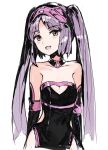  1girl :d andrian_gilang bangs bare_hips black_dress black_sleeves breasts brown_eyes character_request choker cleavage cleavage_cutout cropped_legs detached_sleeves dress euryale eyebrows_visible_through_hair fang fate/apocrypha fate_(series) floating_hair head_tilt heart_cutout long_hair long_sleeves looking_at_viewer mask mask_on_head open_mouth parted_bangs purple_hair red_collar shiny shiny_hair short_dress simple_background sketch sleeveless sleeveless_dress small_breasts smile solo standing stheno striped striped_dress twintails very_long_hair white_background 