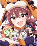  1girl arisugawa_natsuha commentary_request doll fingerless_gloves gloves hair_ornament halloween_costume hat highres idolmaster idolmaster_shiny_colors komiya_kaho long_hair morino_rinze nagami_tami open_mouth red_eyes redhead saijou_juri sonoda_chiyoko upper_body white_background 