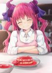  1girl alternate_costume apron arm_support blood blurry blurry_background blush bowl closed_eyes closed_mouth collared_shirt commentary_request curled_horns depth_of_field elizabeth_bathory_(fate) elizabeth_bathory_(fate)_(all) eyeball facing_viewer fang_out fate/grand_order fate_(series) flower food head_tilt indoors inora long_hair meat pink_apron pink_hair plate pointy_ears revision shelf shirt sidelocks sleeves_rolled_up smile solo soup table tongue two_side_up upper_body vase wavy_hair white_shirt wing_collar 