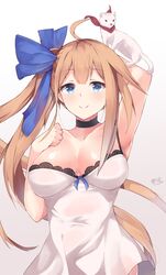  1girl absurdres ahoge animal_on_arm arm_up armpits bangs black_bra blonde_hair blue_bow blue_eyes blush bow bra breasts choker cleavage closed_mouth eyebrows_visible_through_hair fal_(girls_frontline) ferret girls_frontline grey_background hair_between_eyes hair_ribbon hand_up highres k-doku large_breasts lingerie long_hair looking_at_viewer revision ribbon scarf side_ponytail sidelocks signature simple_background smile solo underwear very_long_hair 