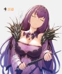  1girl bangs bare_shoulders breasts cleavage closed_eyes closed_mouth detached_collar dress fate/grand_order fate_(series) fur_trim hair_between_eyes jewelry large_breasts long_hair necklace pendant purple_dress purple_hair pyz_(cath_x_tech) scathach_(fate)_(all) scathach_skadi_(fate/grand_order) simple_background solo tiara wand white_background 