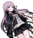  1girl andrian_gilang bangs black_gloves black_jacket black_ribbon black_skirt blunt_bangs braid cowboy_shot dangan_ronpa dangan_ronpa_1 dress_shirt dutch_angle floating_hair gloves grey_shirt hair_ribbon highres jacket kirigiri_kyouko long_hair miniskirt necktie open_clothes open_jacket orange_neckwear pleated_skirt purple_hair ribbon shirt simple_background single_braid skirt solo standing very_long_hair violet_eyes white_background 