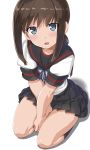  1girl bangs blue_eyes blush brown_hair dd_(ijigendd) eyebrows_visible_through_hair fubuki_(kantai_collection) highres kantai_collection looking_at_viewer low_ponytail remodel_(kantai_collection) school_uniform seiza serafuku short_ponytail sidelocks sitting smile v_arms white_background 