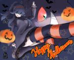  1girl ahoge alternate_hairstyle bat bat_wings blue_eyes blue_hair breasts creatures_(company) dress english game_freak gen_1_pokemon gengar hairband halloween happy_halloween hex_maniac_(pokemon) highres large_breasts long_sleeves nintendo not_on_shana pokemon ponytail pumpkin red_sclera smile solo striped striped_legwear teeth thigh-highs wings zettai_ryouiki 