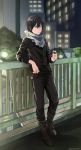  1boy 2017 absurdres black_hair black_jacket black_pants blue_eyes dated full_body futabaaf hair_between_eyes highres jacket looking_at_viewer night noragami outdoors pants short_hair solo standing yato_(noragami) 