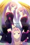  3girls boots carrying cis05 cosplay detached_sleeves euryale facial_mark fate/grand_order fate/hollow_ataraxia fate_(series) forehead_mark gorgon_(fate) gorgon_(fate)_(cosplay) multiple_girls purple_hair rider rider_(cosplay) shoulder_carry siblings sisters snake_hair stheno thigh-highs thigh_boots twintails violet_eyes wings 