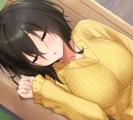  1girl black_hair breasts cccpo closed_eyes collarbone commentary eyebrows eyes_visible_through_hair hair_between_eyes hand_up large_breasts long_sleeves lying on_back open_mouth original ribbed_sweater short_hair sleeping solo sweater upper_body yellow_sweater 